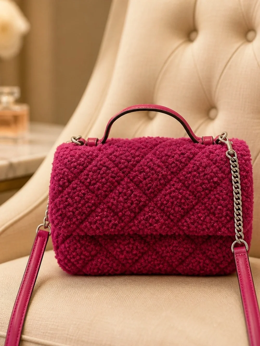 Tory Burch Hot Pink Shearling Shoulder Bag with Chain Strap